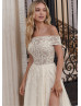 Beaded Ivory Lace Tulle Slit Enchanting Wedding Dress